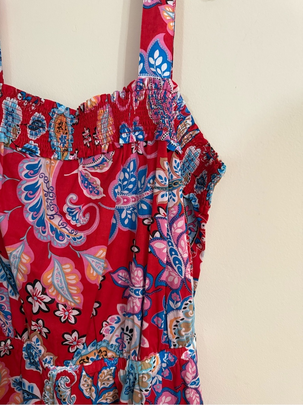 Talbots Plus Square Neck Midi Dress 18W Red Paisley Floral Smocked Bodice - Picture 4 of 7